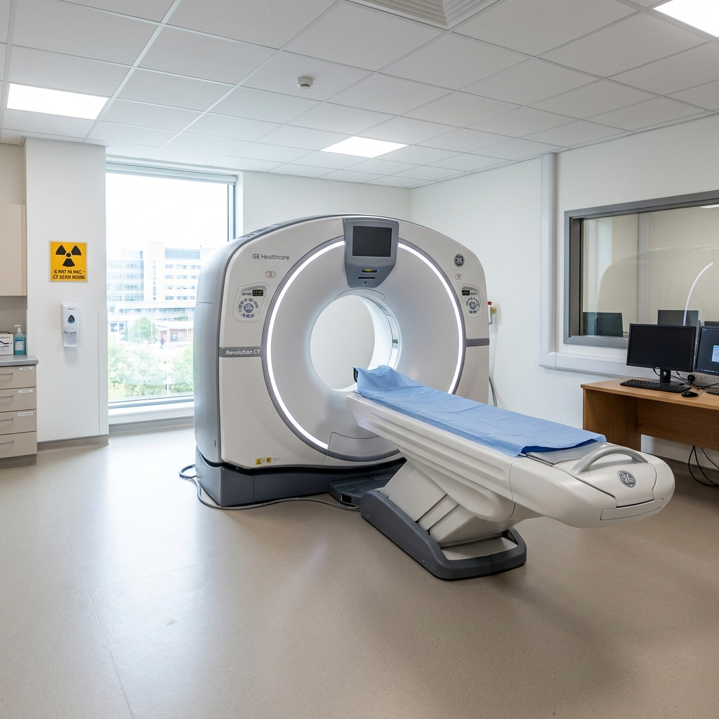 Advanced CT scanner radiography system in hospital radiography room
