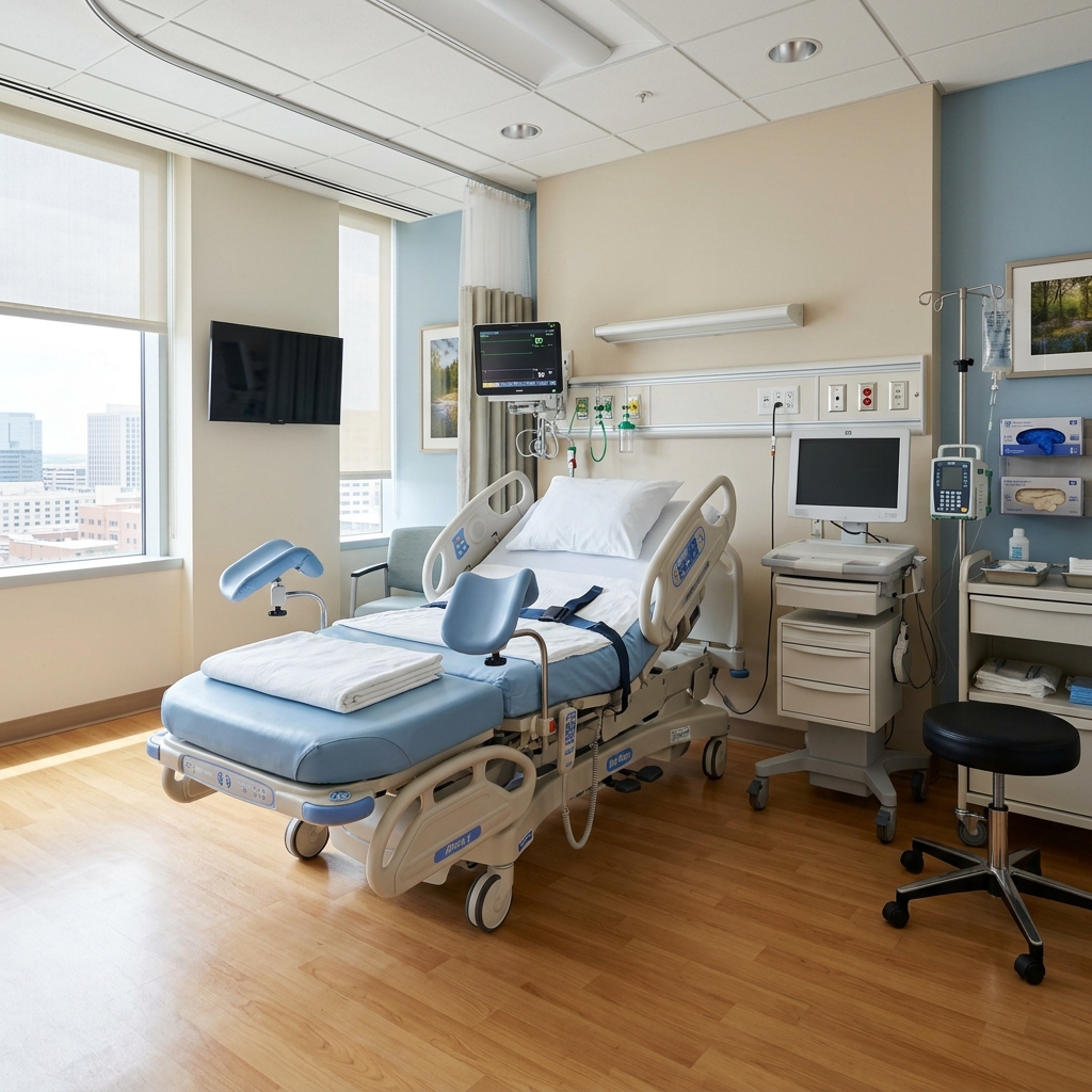 Modern obstetric delivery bed in a premium maternity room