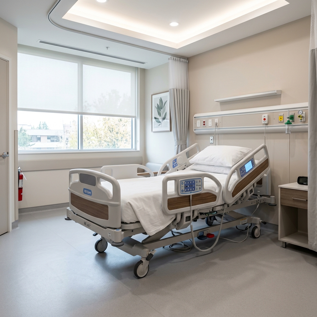 Modern adjustable electronic hospital bed in a clean private room