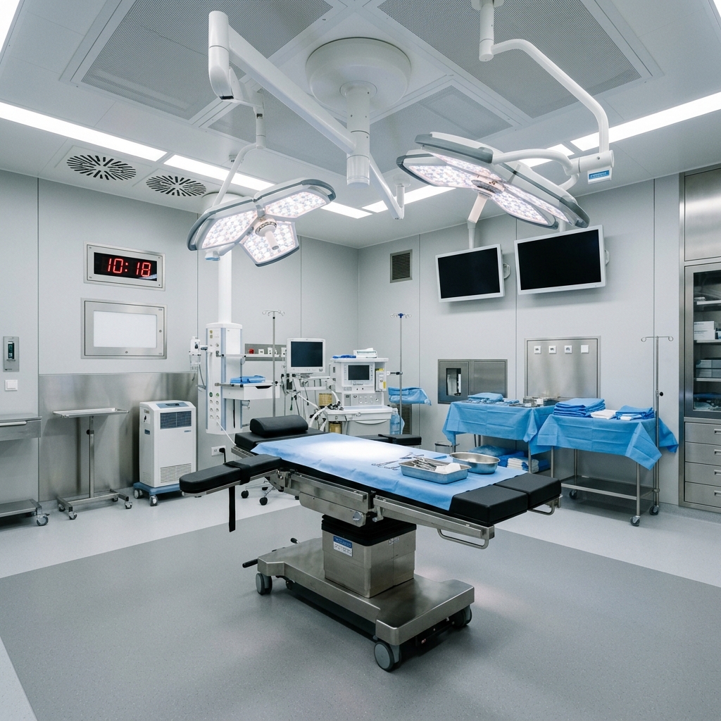 Modern operating room surgical theatre bed under surgery lights